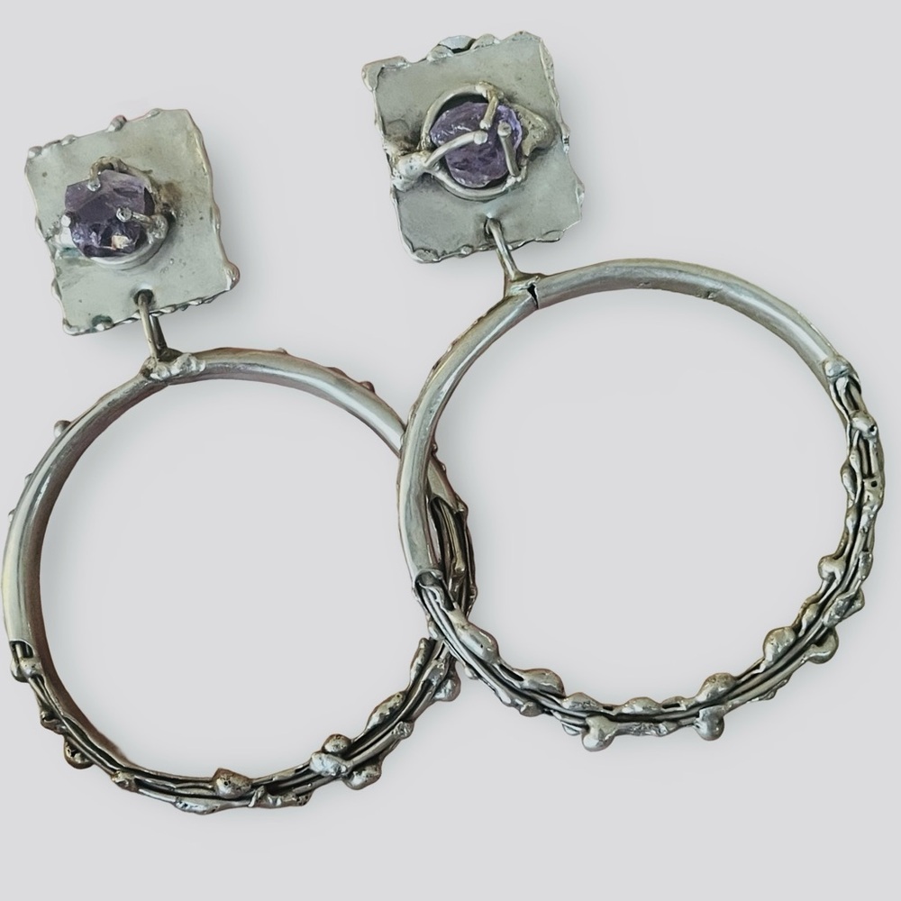 Vintage 70s Brutalist Raw Amethyst Ernandes Clip On Silver Earrings
